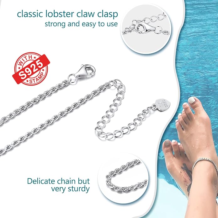 PROSILVER 925 Sterling Silver Ankle Bracelets For Women, Stylish Chain Anklets, Summer Beach Jewelry, 8.6-10.6 Inch Adjustable, Come with Box