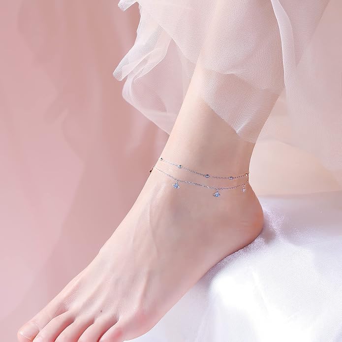 Anklet for Women S925 Sterling Silver Beach Style Foot Layered Adjustable Ankle Bracelet Disc Evil Eye Heart Infinity Bead Cross Jewelry