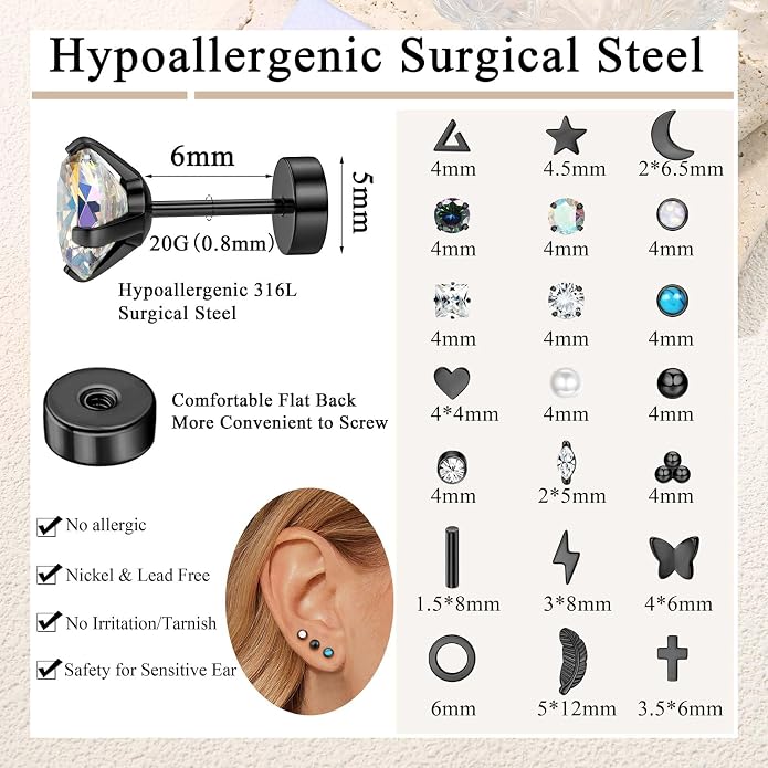 Jstyle 21 Pairs Hypoallergenic Flat Back Stud Earrings for Women Men Surgical Stainless Steel Earrings for Sensitive Ears Cartilage Earring Small Studs Earrings Set Stacks Screw Back Earrings Piercing