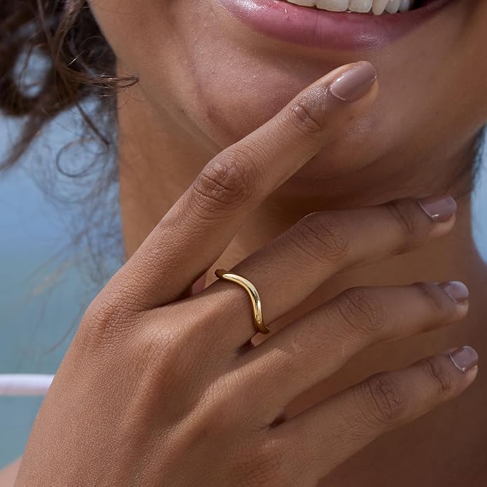 STORYJEWELLERY Gold Plated Wedding Bands for Women, Thumb Ring, Curved Wedding Bands for Women, Gold Plated Band Ring, Wavy Rings, Simple Thin Rings