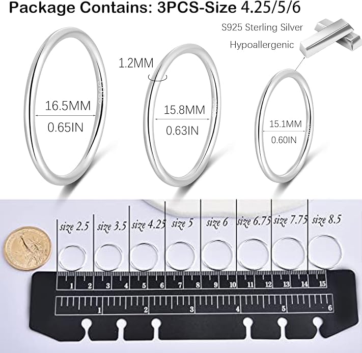 CANDYFANCY 925 Sterling Silver 1.2mm Stacked Midi Thin Rings for Women Knuckle Ring Band Stacking Ring Set Size 2.5-8.5