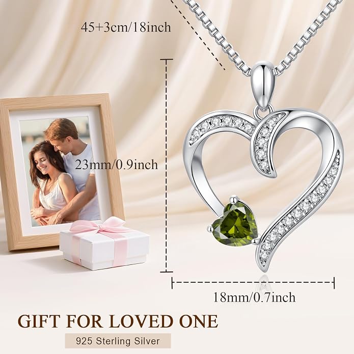 Love Heart Necklace for Women, 925 Sterling Silver Cubic Zirconia Birthstone Heart Pendant Jewelry Gift for Mom, Mother, Wife, Girlfriend on Birthday, Mother's Day, Chain 18 inch