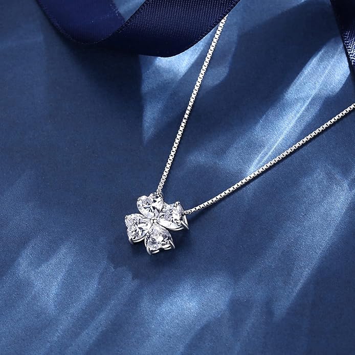 JIANGXIN Colorful Birthstone 925 Sterling Silver Handmade Pendant Necklace for Women Lucky Four Leaf Clover Plant Shamrock Jewelry Rhodium Plated