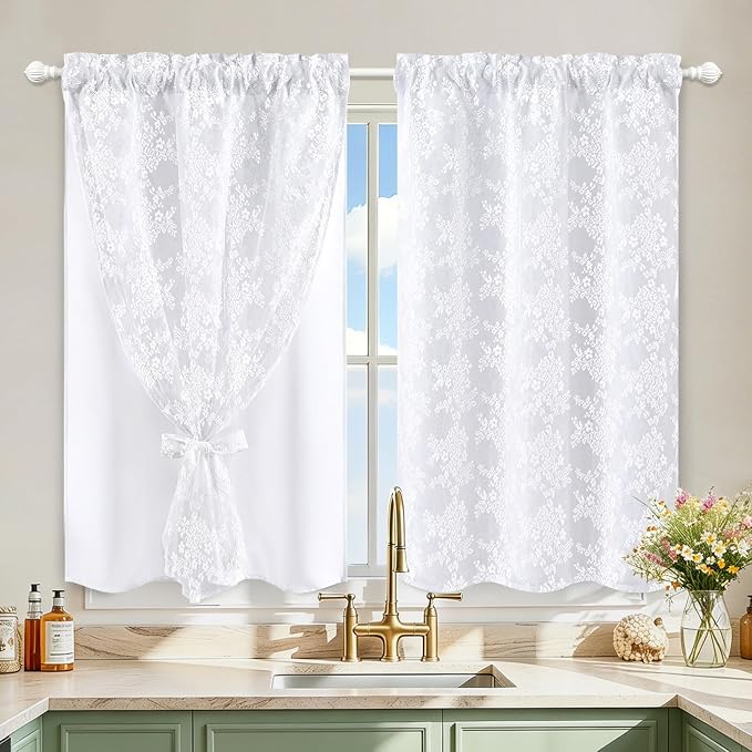 Yinhua White Kitchen Curtains 36 Inch Length Double Layer Blackout Curtains for Kitchen Rod Pocket Short Curtain for Windows, Small Window Curtain for Bathroom, Living Room, 2 Panels