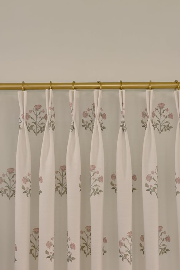 DrapePalette - Linen Blend Pinch Pleated Curtains 80 Inches Long for Living Room, Bedroom, Dining Room, Light Filtering Curtains 2 Panels Set, Modern Floral Printed Design, Beige White, 30" W x 80" L
