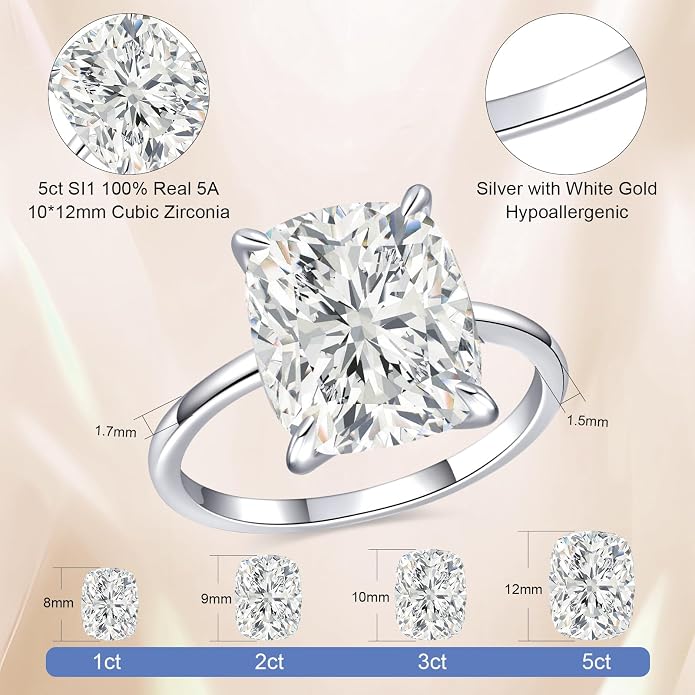 AVECON 3CT/5CT Elongated Cushion Cut Engagement Ring for Women, Promise Wedding Cubic Zirconia 14K Gold/White Gold Plated Band Size 5-9