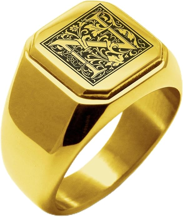 Jewelry | Stainless Steel Letter Alphabet Initial Ring | Square Flat Top Ring for Men & Women | Stainless Steel Jewelry, (Black, Gold, Silver), Size 7-16