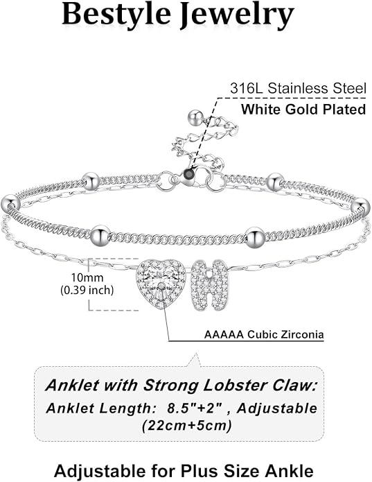 Bestyle Initial Anklet Bracelets for Women Waterproof Non Tarnish 14K Gold/White Gold Plated CZ Anklets for Women Dainty Layered Letter Heart Ankle Bracelets Adjustable Foot Chain Anklet