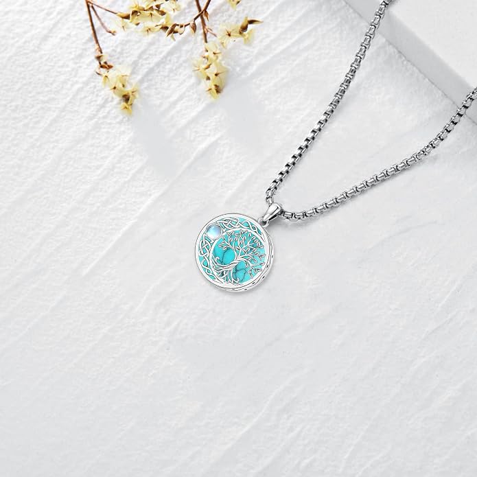 Tree of Life Necklace for Women Sterling Silver Celtic Moon Tree Moonstone Turquoise Pendant Heart Family Tree Necklace for Mother Daughter Sister Gifts
