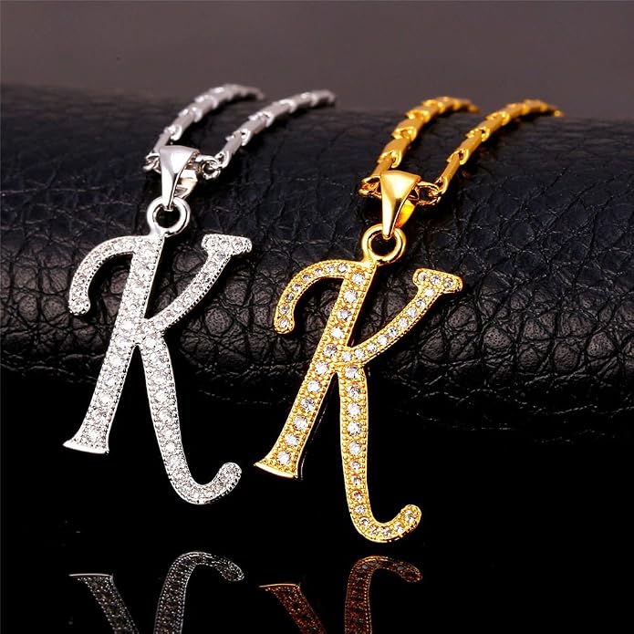 U7 Initial Necklace for Women, Gold/Platinum Plated CZ Crystal Letter A-Z Pendant Necklace, Shiny 20 Inch Name Chain Dainty Personalized Jewelry for Men Mom Wife Friend