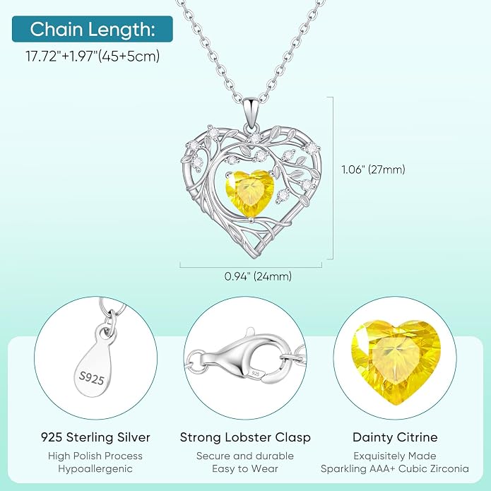 Tree of Life Birthstone Pendant Necklace - 925 Sterling Silver Heart Cubic Zirconia Diamond Women Pendant Necklaces for Her Daughter Girlfriend Birthday Gift Ideas for Wife Mom for Valentines Day