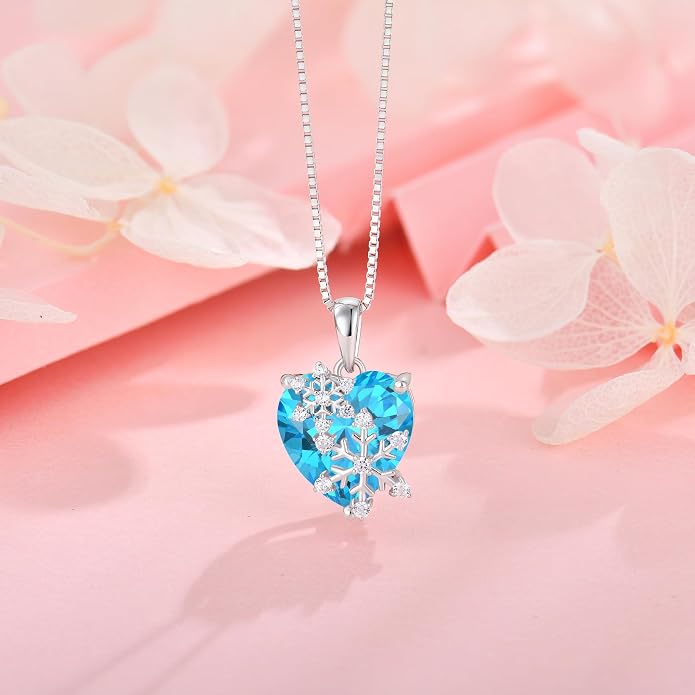 Snowflake Necklace for Women 925 Sterling Silver Heart Birthstone(White/Aquamarine/Sapphire/Pink) Pendant Necklaces Cubic Zirconia Winter Christmas Jewelry