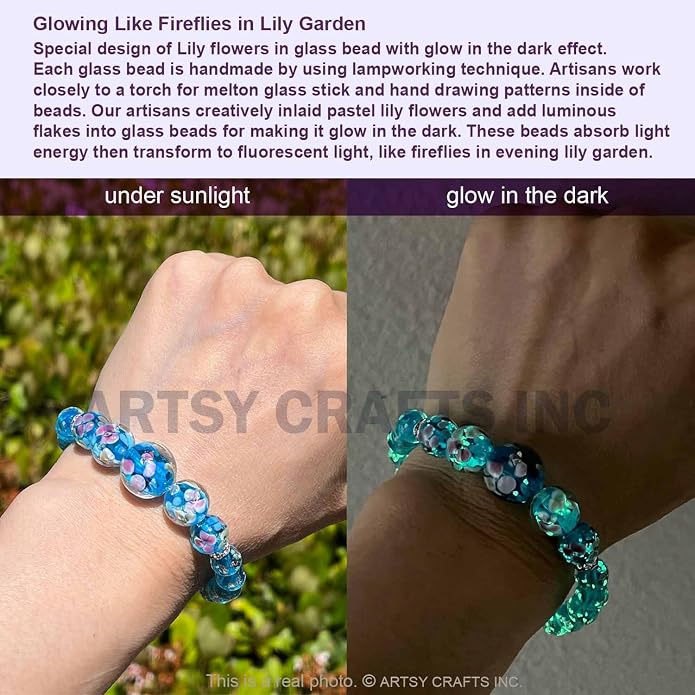 ARTSY Crafts Lily Garden Glow in the Dark Firefly Bead Bracelets Necklaces, Handmade in USA Murano Glass Jewelry, Flower Luminous Beads Mermaid Crystal Bracelet Bangle