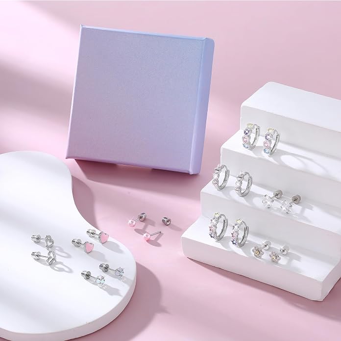 THUNARAZ Hypoallergenic Earrings for Girls Women Surgical Stainless Steel Earrings Set for Sensitive Ears Screw Back Stud Earrings Kids Toddler Cute Heart Hoop Earrings Jewelry Gift for Teen Girls