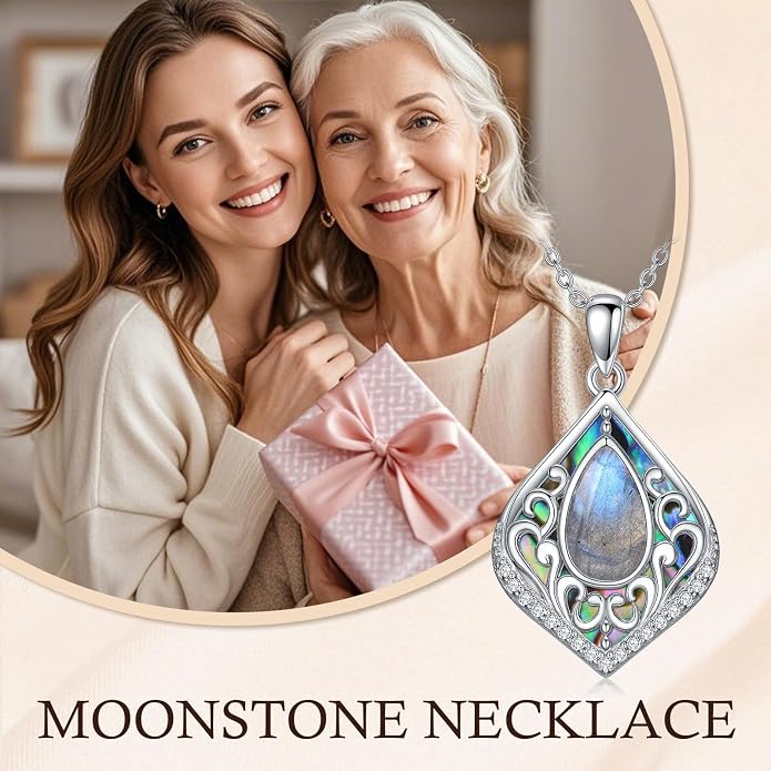 HPQQ Filigree Gemstone Necklace 925 Sterling Silver Teardrop Bohemian Necklace Abalone Shell Jewelry Birthday Gifts for Women