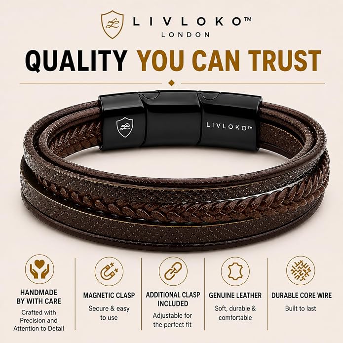 LONDON Mens Bracelet Leather Black Multi-Layer Stone Beads Adjustable Steel Clasp Viking Rope Bands Surfer Man Wristband Male UK Jewellery Gift box Boyfriend Dad Son Brother Tiger Eye