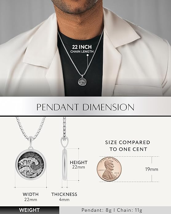 RTZN® Pendant Necklace for Men – Premium Stainless Steel Silver Pendant Necklace with 22" Chain – Waterproof & Non-Tarnish Small Pendants for Men – Bold Symbols of Strength & Legacy