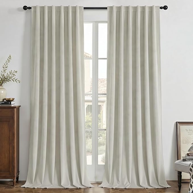 Joydeco 100% Blackout Velvet Curtains White 90 Inch Back Tab | Luxury Thermal Insulated Velvet Curtains for Bedroom Living Room, Soundproof Blackout Window Drapes