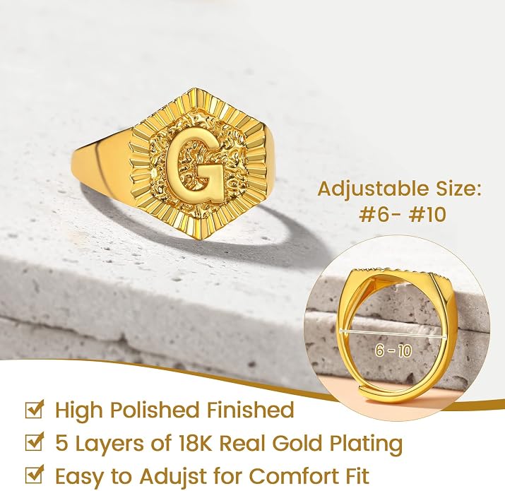 KeyStyle Bold Initial Letter Rings Adjustable, GoldChic Jewelry Women Gold Statement Ring Personalized Engraved Women’s Open Signet Ring for Party (Gold, White Gold, Black)