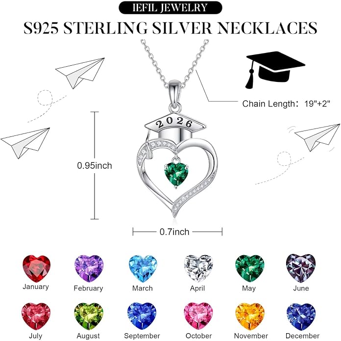 Iefil 2026 Graduation Gifts for Women Her - 925 Sterling Silver Heart Birthstone Necklace, Graduation Necklaces for Women Daughter Girlfriend