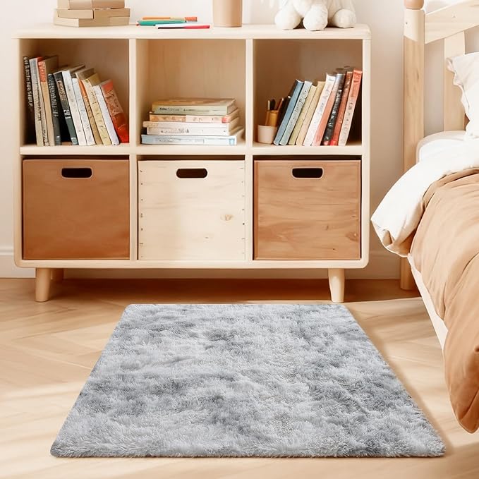 3x5 Rugs for Bedroom, Fluffy Area Rugs for Living Room, Small Fuzzy Shag Soft Non-Slip Carpet for Kids Girls and Boys Nursery Dorm Indoor Room Home Decor (3ft x 5ft, Tie-Dyed Grey)