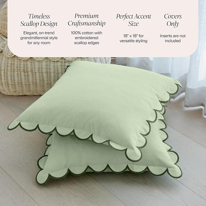 BEBE BASK Green Scalloped Pillow Cover - Set of 2-18 x 18 Inch - Scallop Pillow Cover - Scalloped Pillows - Scallop Pillows - 100% Cotton - Grandmillennial Style (Moss Green)