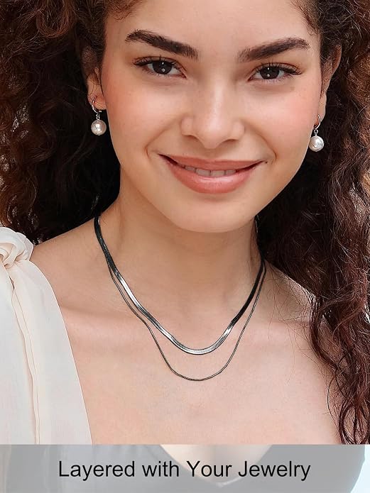 FOCALOOK 14K Gold Plated Necklaces for Women, Fashion Herringbone Choker Necklace Stainless Steel Flat Snake Chain 3/5MM(W) 12.5"/15"/18"+3.5"(L)