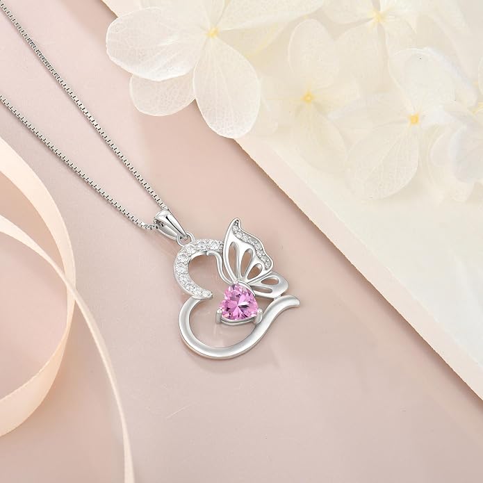 Butterfly Necklace for Women 925 Sterling Silver Heart Pendant Birthstones Jewelry Gift