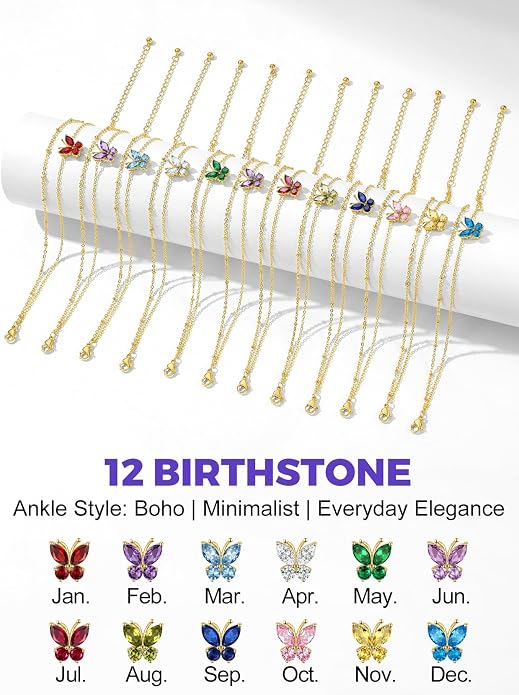 Richsteel Double Layer Heart/Butterfly Birthstone Anklet for Women Non Tarnish Waterproof, Silver/Gold/Black Stainless Steel 8.5-10.5 Inch Adjustable Chain Anklets Jewelry Gifts for Her