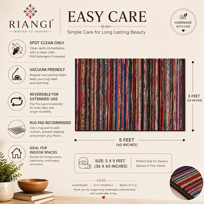 Chindi Rug 3x5, Boho Living Room Woven Braided Multicolor Area Rugs 3x5, Bohemian Colorful Recycled Cotton Rag Rugs for Farmhouse, Bedroom, Dining Room, Classroom, Hallway