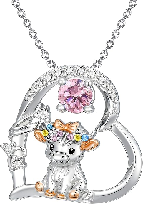 Highland Cow Gifts for Women 925 Sterling Silver Highland Cow Birthstone Necklace Fluffy Cow Jewelry Gifts Birthday Christmas