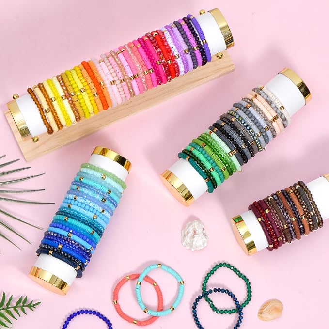 96 Pcs Beaded Friendship Bracelets, Clay & Crystal Beaded Bracelet Bulk, Colorful Beaded Bracelet Boho Multi Layer Stacking Bracelets for Women Summer Beach Graduation Party Favors Friend Gifts