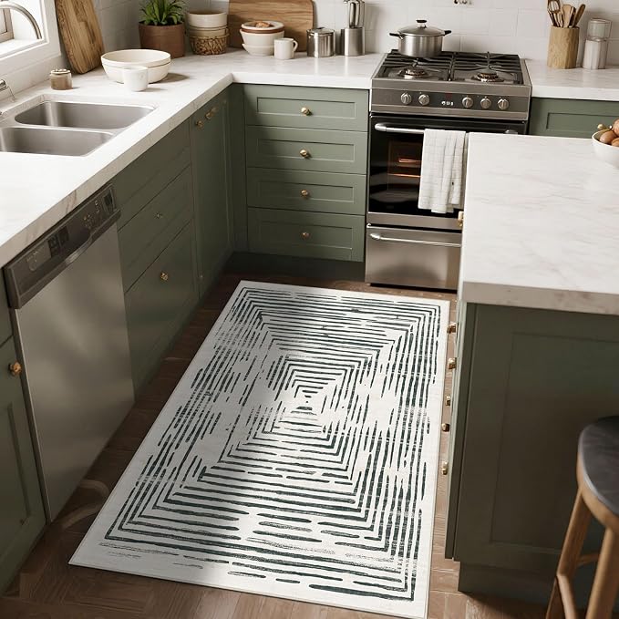 BLISSA 3x5 Washable Area Rug - Modern Entry Rug Non-Slip Ultra-Thin Soft Black White Lines Borderd Abstract Bedside Throw Rug for Entryway Kitchen Bedroom Bathroom Dorm Nursery Home Decor