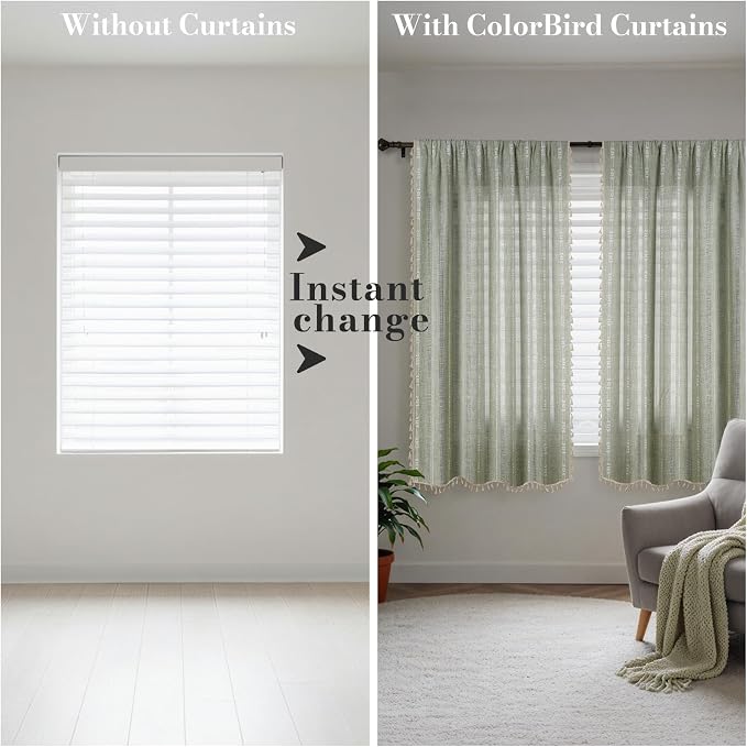 ColorBird Sage Green Boho Curtains Linen-Textured for Living Room Light Filtering Farmhouse Whimsical Decor Drapes Embroidered Striped 63 Inch Length for Dining Room Bedroom Window Treatments