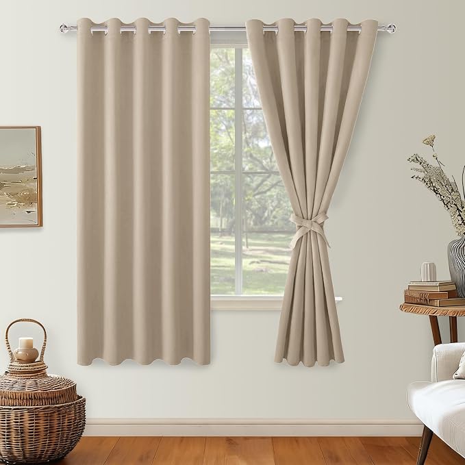 Hiasan Blackout Curtains for Bedroom, 60 x 63 Inches Length - Thermal Insulated & Light Blocking Window Curtains for Living Room, 2 Drape Panels Sewn with Tiebacks, Taupe