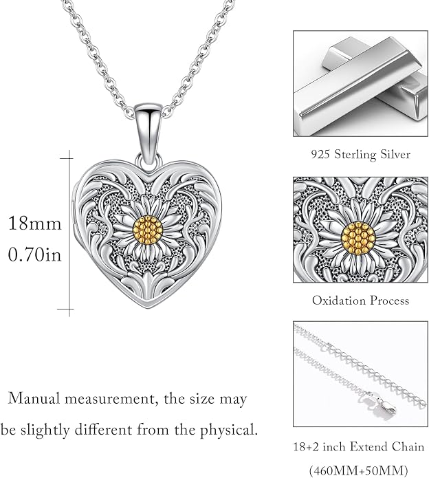 MEDWISE 925 Sterling Silver Locket Necklace That Holds Pictures Photo Necklace Oxidized Rose Flower/Sunflower/Compass/Celtic Heart Pendnat Lockets Gifts for Women Birthday Christmas Gifts