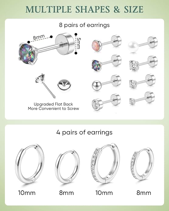 14K Gold Plated Hypoallergenic Earring Stack Set, Surgical Steel Flat Back & Screw Back Studs, Multi‑Size Small Huggie Hoops, Nickel‑Free CZ Pearl Opal Cartilage Earrings, Comfortable Sleeping Piercing Jewelry for Sensitive Ears Women & Men
