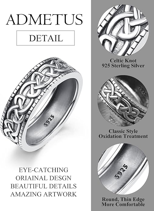 ADMETUS 925 Sterling Silver Celtic Knot Ring Wedding Band Rings for Men Celtic Jewelry Gifts for Men Rings Size 5-15