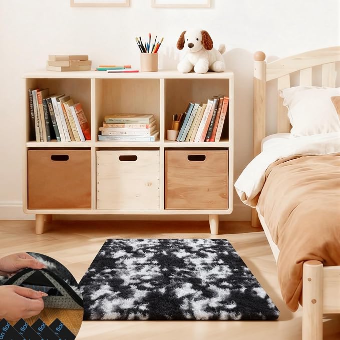 Black and White Rugs for Bedroom, 2x3 Fluffy Area Rugs for Living Room, Small Fuzzy Shag Soft Carpet with 4 Non-Slip Adhesive Strips for Kids Boys and Girls Nursery Dorm Home Decor (2ft X 3ft)