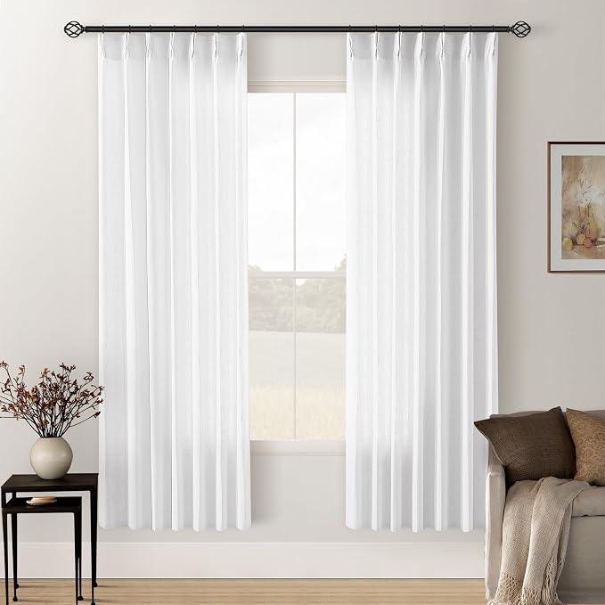Snow White 72 Inch Pinch Pleated Linen Semi Sheer Curtains 2 Panels W40xL72 | Memory Training Shaped, for Living Room Bedroom Cabin Closet, 400GSM Linen Textured, Pinch Pleat with Hooks Rings Back Tab