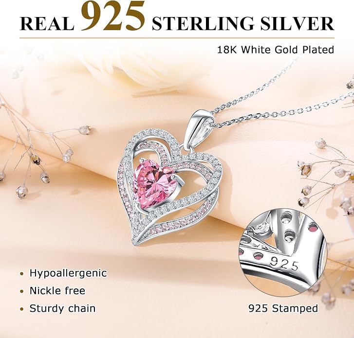 Anniversary Charm Necklace, Sterling Silver 14K Gold Plated Chain with Interlocking Heart Pendant Elegant Birthstone Necklaces for Women, Length 18"