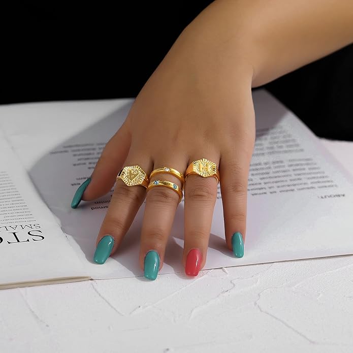 U7 Initial Ring Wedding Band for Men Women 18K Gold Plated Statement Hexagon A-Z Letter Jewelry Personalized Stackable Signet Rings