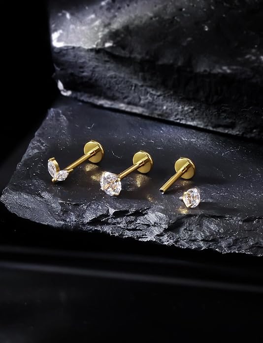 20G 18G 16G Astm F136 Titanium Internal Thread Flat Back Earrings Nose Studs Tragus Forward Helix Conch Cartilage Lobe Earring Stud Medusa Labret Monroe Lip Ring Piercing Jewelry For Women Men