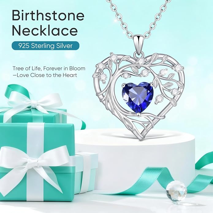 Tree of Life Birthstone Pendant Necklace - 925 Sterling Silver Heart Cubic Zirconia Diamond Women Pendant Necklaces for Her Daughter Girlfriend Birthday Gift Ideas for Wife Mom for Valentines Day