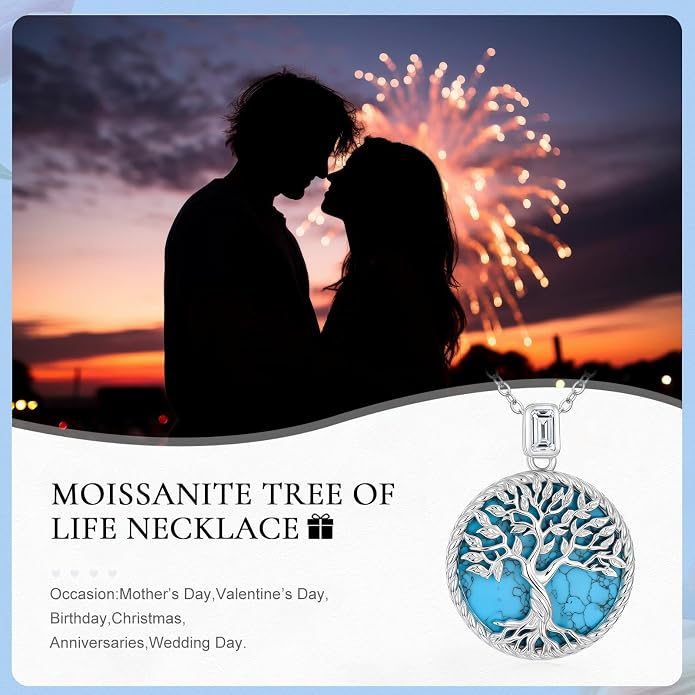 Tree of Life Moissanite Necklace, 925 Sterling Silver 0.5 Carat Moissanite Abalone Shell/Opal/Black Onyx/Turquoise/Malachite/Tiger Eye Stone Tree of Life Pendant Necklaces Jewelry Gift for Women Mom