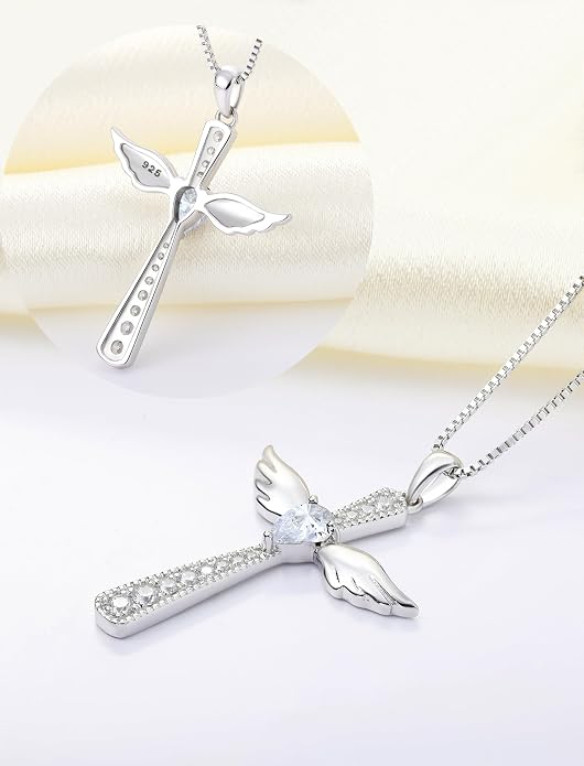 YL Cross Necklace 925 Sterling Silver Angel Wings Pendant Teardrop Birthstone Criss Jewelry for Women