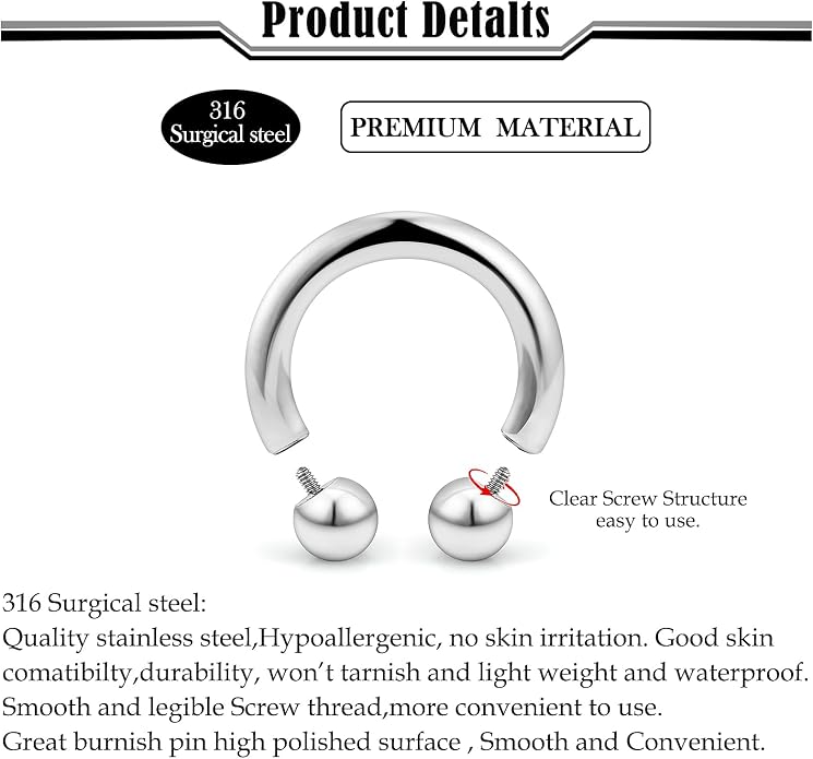 20G-00G Septum Rings horseshoes Nose Rings Hoops 316L Surgical Steel Snake Bites Lip Nipple Ring Cartilage Tragus Helix Rook Conch Daith Earrings Pa Piercing Jewelry for Women Men