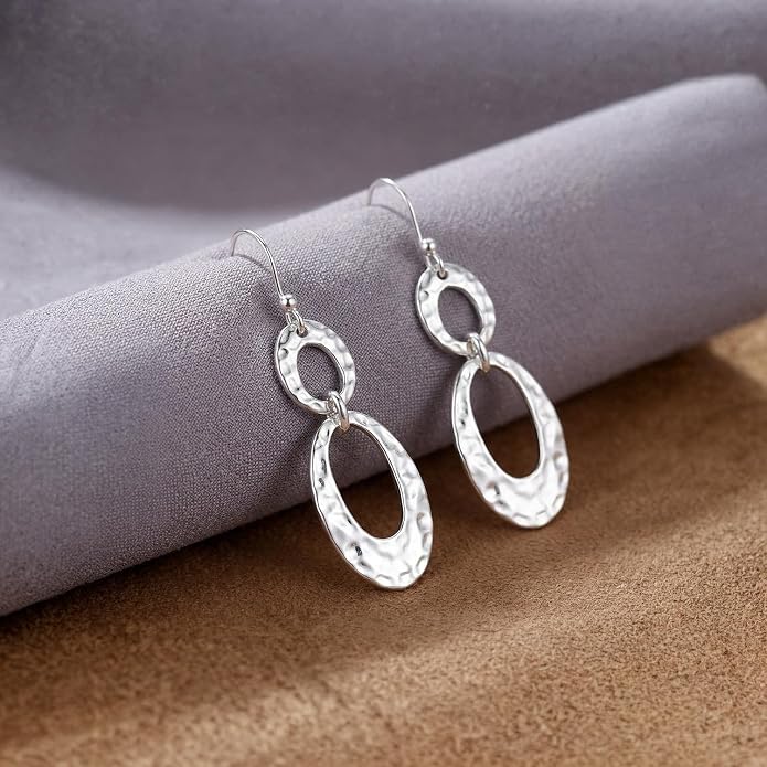 LeCalla 925 Sterling Silver Hammered Earrings for Women | Classic Handmade Textured Hammered Drop Dangle Earring Jewelry Gifts for Birthday Wedding Christmas