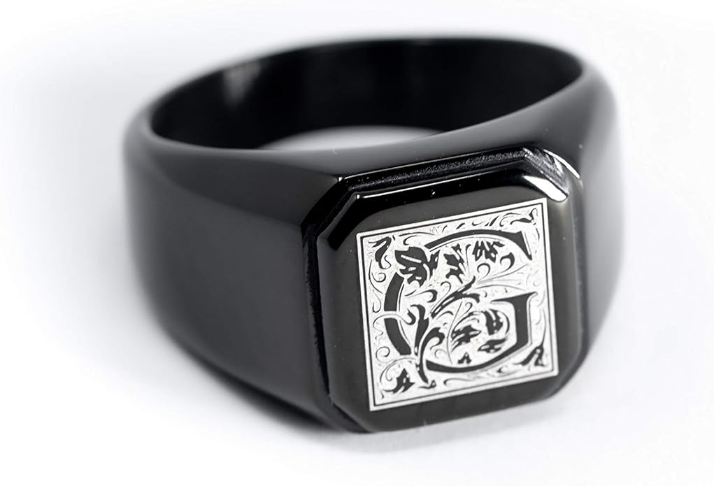 Jewelry | Stainless Steel Letter Alphabet Initial Ring | Square Flat Top Ring for Men & Women | Stainless Steel Jewelry, (Black, Gold, Silver), Size 7-16
