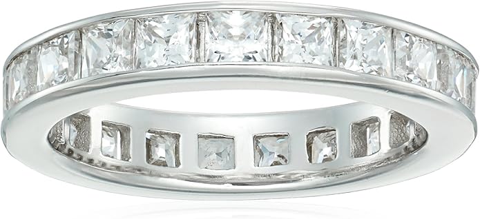 Amazon Essentials Platinum-Plated Sterling Silver Infinite Elements Cubic Zirconia Channel Princess-Cut All-Around Band Ring
